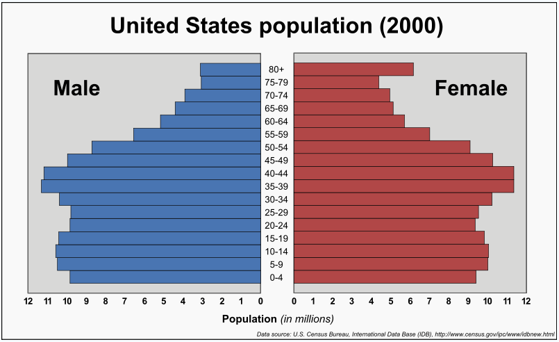 Pirâmide etária dos EUA, onde a geração de baby boomers é bastante visível