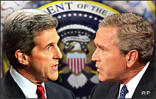 Nas eleições presidenciais de 2004 nos Estados Unidos estiveram em confronto George W. Bush e John Kerry. Bush viria a vencer.Imagem: www.onpointradio.org
