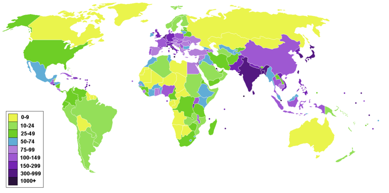 Mapa do mundo colorido de acordo com a densidade populacional.