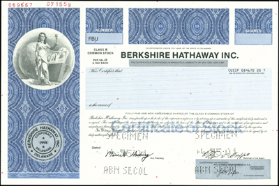 O certificado azul das acções Classe B da Berkshire Hathaway NYSE: BRKB.Imagem: About.com