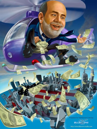 O presidente da Reserva Federal americana, Ben Bernanke, tornou-se popularmente conhecido como "Helicopter Ben" após um discurso em 2002 no qual se assumiu um fervoroso seguidor da solução «dinheiro de helicóptero» de Friedman.<ref>Remarks by Governor Ben S. Bernanke, Federal Reserve Board, 21 Nov 2002</ref>(Direitos de imagem:  Blue Wire Studio)