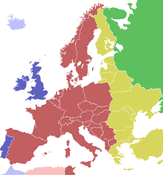 Zonas horárias da Europa:  Azul WET (Western Europe Time) (UTC+0)  WEST (UTC+1) Vermelho CET (Central European Time) (UTC+1)  CEST (UTC+2) Amarelo EET (Eastern Europe Time) (UTC+2)  EEST (UTC+3) Verde MT (Moscow Time) (UTC+3)  MST (UTC+4) Cores claras indicam países que não seguem a DST