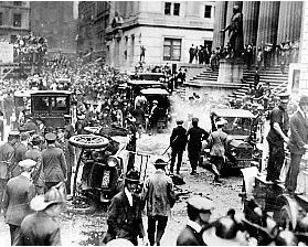 September 16, 1920: a bomb exploded in front of the headquarters of J.P. Morgan Inc. at 23 Wall Street, killing 38 and injuring 300 people.  Federal Hall (26 Wall Street), with its statue of George Washington, is shown on the right.
